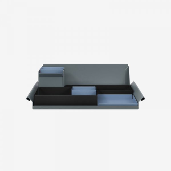 Desk Organiser | Large | Black Large Inner Trays | Bisley Blue Small Inner Trays | Bisley Mosaic