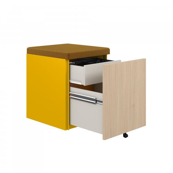Mobile Storage with Seat Pad | 542 x 420mm | Oak Laminate | Golden Sunflower Yellow | Bisley Pal