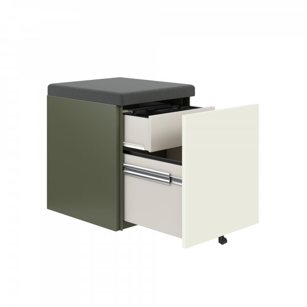 Mobile Storage with Seat Pad | 542 x 420mm | White Laminate | Olive Green | Bisley Pal